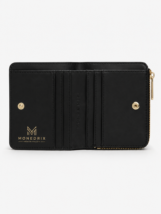Luxe Black Trifold Zip Wallet for Women | MONEDRIX