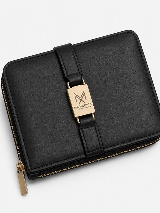 Luxe Black Trifold Zip Wallet for Women | MONEDRIX