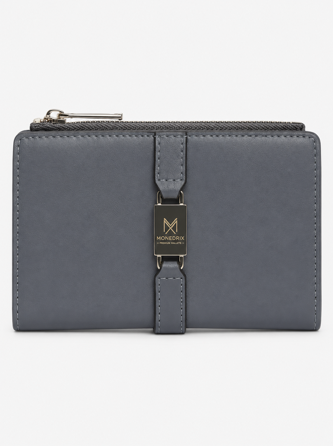 Luxe Grey Trifold Zip Wallet for Women | MONEDRIX