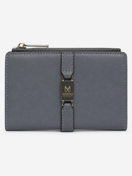 Luxe Grey Trifold Zip Wallet for Women | MONEDRIX